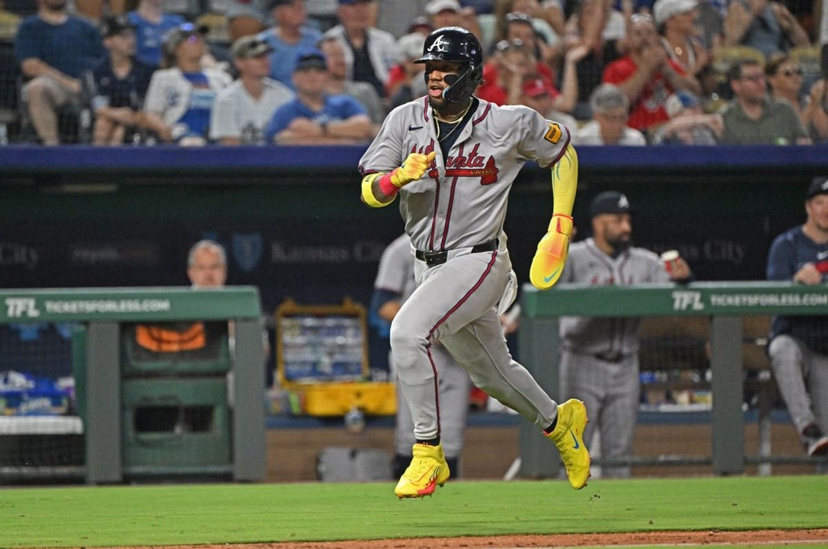 Jul 28, 2025; Kansas City, Missouri, USA;  Atlanta Braves right fielder Ronald Acuna Jr. (13) runs down the third baseline to score a run in the eighth inning against the Kansas City Royals at Kauffman Stadium. Mandatory Credit: Peter Aiken-Imagn Images
