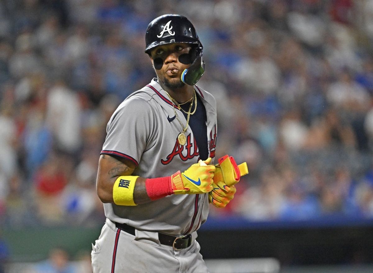 Jul 28, 2025; Kansas City, Missouri, USA;  Atlanta Braves right fielder Ronald Acuna Jr. (13) looks toward the Kansas City Royals dugout after getting walked in the ninth inning at Kauffman Stadium. Mandatory Credit: Peter Aiken-Imagn Images