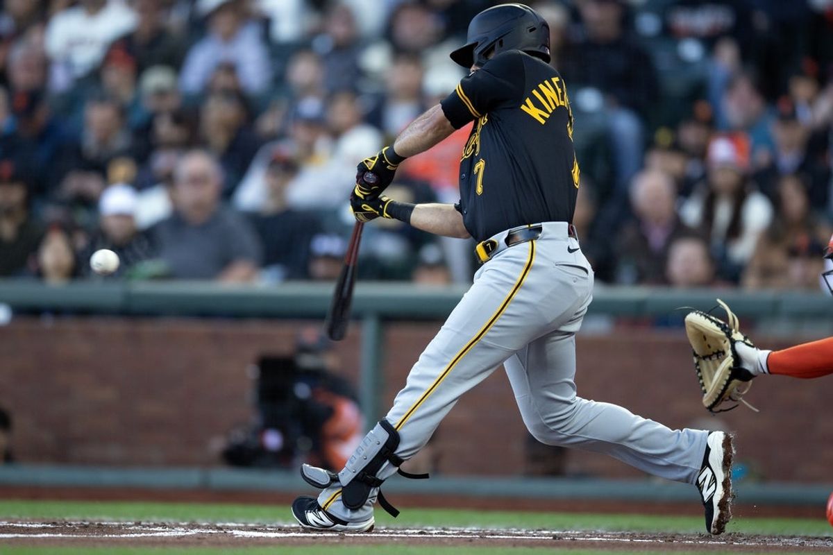 Jul 28, 2025; San Francisco, California, USA; Pittsburgh Pirates shortstop Isiah Kiner-Falefa (7) connects for a two-RBI double against the San Francisco Giants during the second inning at Oracle Park. Mandatory Credit: D. Ross Cameron-Imagn Images