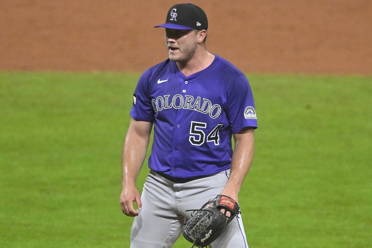 Jul 28, 2025; Cleveland, Ohio, USA; Colorado Rockies relief pitcher Seth Halvorsen (54) reacts after the final out in the ninth inning  in a win over the Cleveland Guardians at Progressive Field. Mandatory Credit: David Richard-Imagn Images