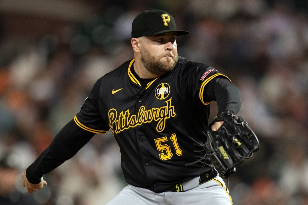 Jul 28, 2025; San Francisco, California, USA; Pittsburgh Pirates pitcher David Bednar (51) delivers a pitch against the San Francisco Giants during the ninth inning at Oracle Park. Mandatory Credit: D. Ross Cameron-Imagn Images