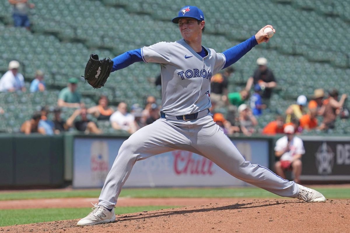 Jul 29, 2025; Baltimore, Maryland, USA; Toronto Blue Jays pitcher Easton Lucas (62) delivers during the second inning against the Baltimore Orioles at Oriole Park at Camden Yards. Mandatory Credit: Mitch Stringer-Imagn Images