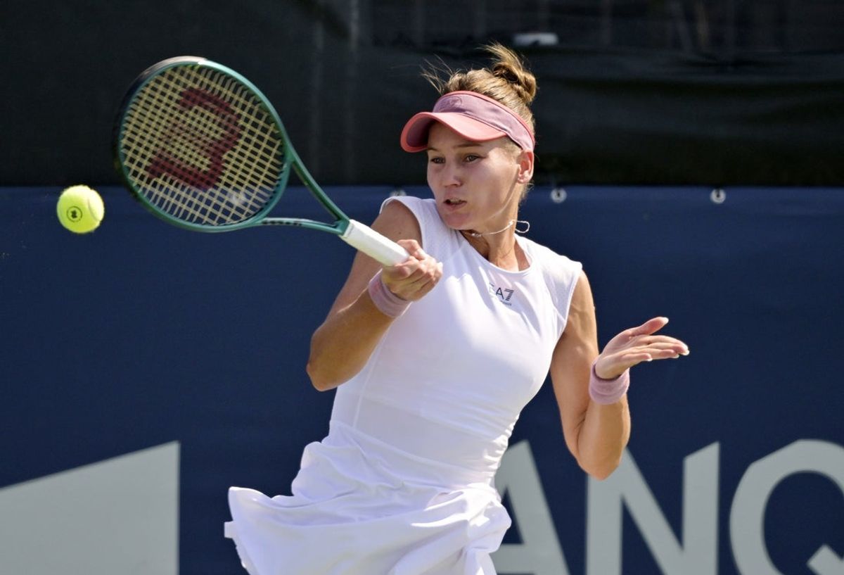 Jul 29, 2025; Montreal, QC, Canada; Olga Danilovic (SRB) returns the ball against Veronika Kudermetova in second round play at IGA Stadium. Mandatory Credit: Eric Bolte-Imagn Images