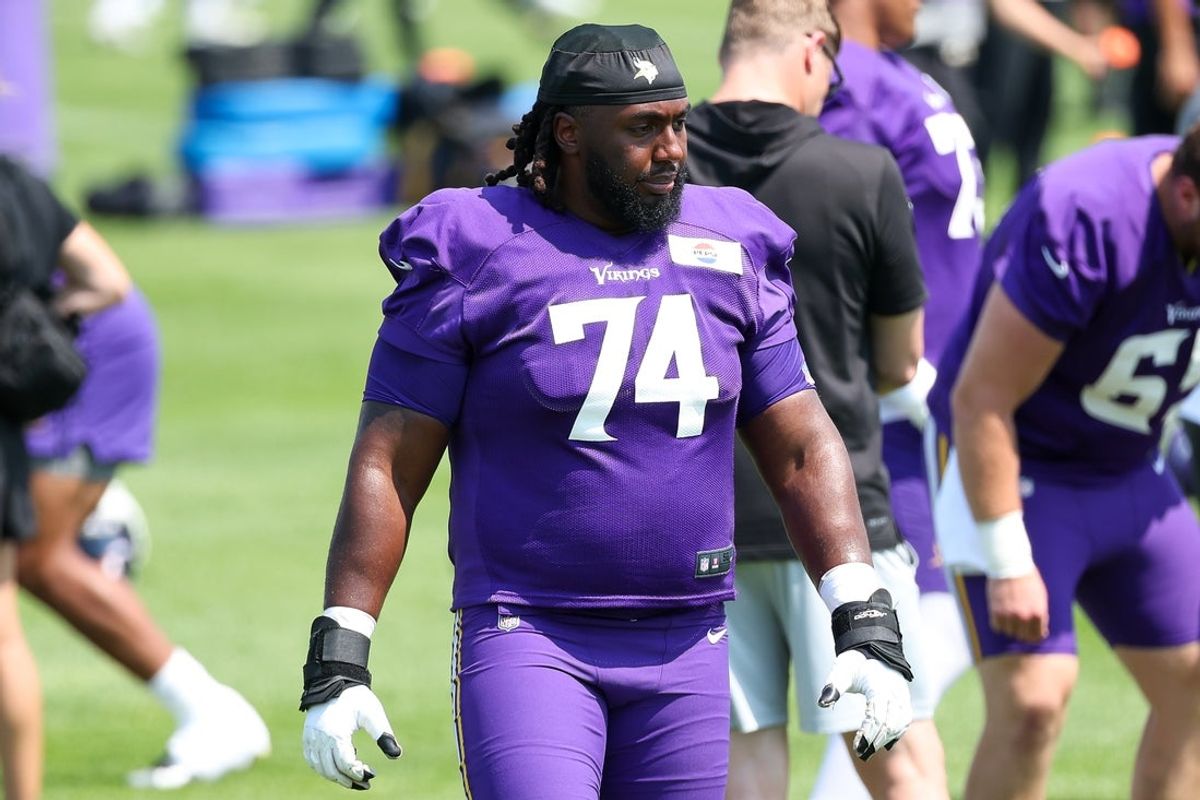Jul 29, 2025; Eagan, MN, USA; Minnesota Vikings guard Donovan Jackson (74) takes part in drills during the team's training camp at the Minnesota Vikings Training Facility. Mandatory Credit: Matt Krohn-Imagn Images