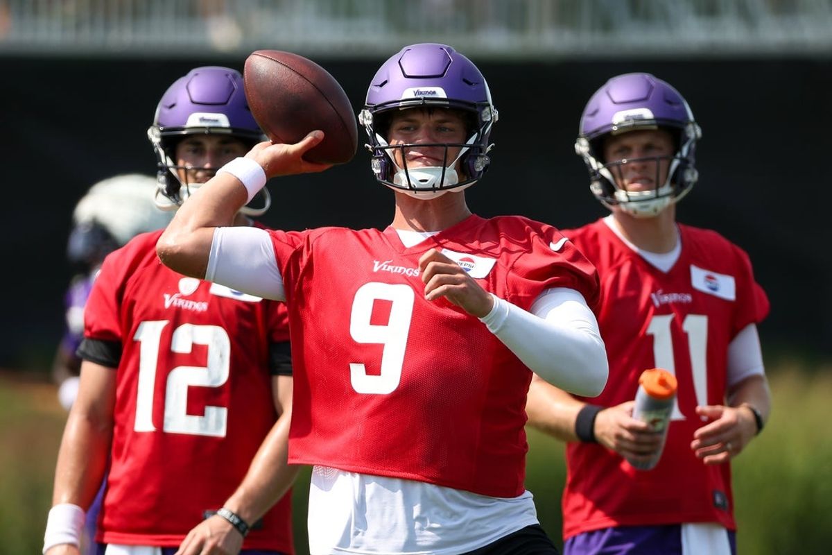Jul 29, 2025; Eagan, MN, USA; Minnesota Vikings quarterback J.J. McCarthy (9) takes part in drills during the teams training camp at the Minnesota Vikings Training Facility. Mandatory Credit: Matt Krohn-Imagn Images