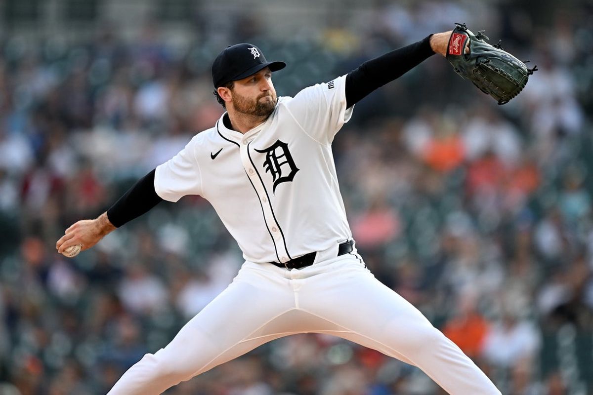 Jul 29, 2025; Detroit, Michigan, USA;  Detroit Tigers starting pitcher Casey Mize (12) throws a pitch against the Arizona Diamondbacks in the first inning at Comerica Park. Mandatory Credit: Lon Horwedel-Imagn Images
