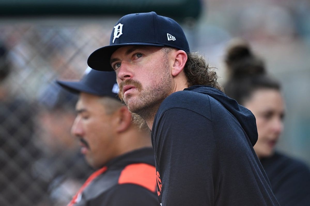 Jul 29, 2025; Detroit, Michigan, USA;  Newly acquired Detroit Tigers pitcher Chris Paddack watches their game against the Arizona Diamondbacks from the dugout in the second inning at Comerica Park. Mandatory Credit: Lon Horwedel-Imagn Images