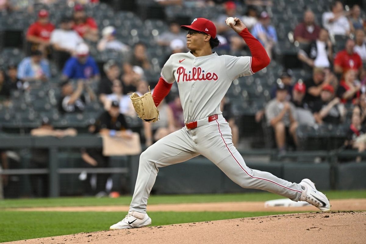 Jul 29, 2025; Chicago, Illinois, USA;  Philadelphia Phillies pitcher Jesus Luzardo (44) delivers during the first inning against the Chicago White Sox at Rate Field. Mandatory Credit: Matt Marton-Imagn Images