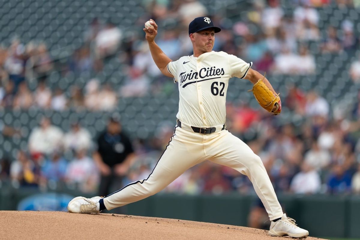 Jul 29, 2025; Minneapolis, Minnesota, USA; Minnesota Twins starting pitcher Pierson Ohl (62) throws during the first inning against the Boston Red Sox at Target Field. Mandatory Credit: Jordan Johnson-Imagn Images
