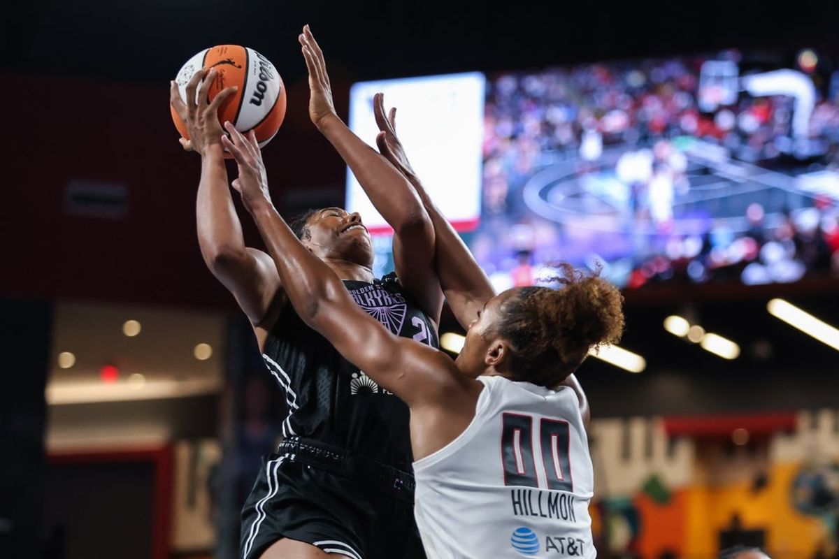 Jul 29, 2025; College Park, Georgia, USA; Golden State Valkyries forward Monique Billings (25) shoots the ball against Atlanta Dream forward Naz Hillmon (0) during the first quarter at Gateway Center Arena at College Park. Mandatory Credit: Jordan Godfree-Imagn Images