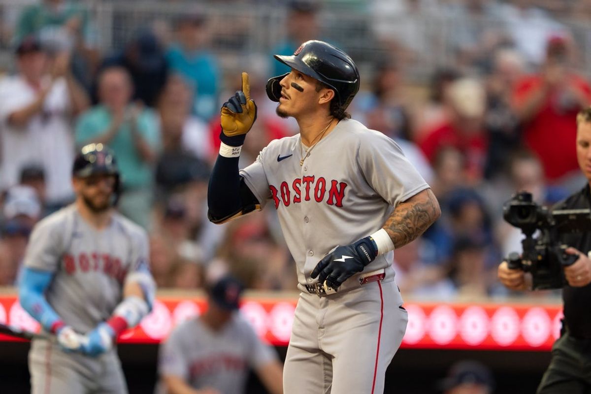Jul 29, 2025; Minneapolis, Minnesota, USA; Boston Red Sox left fielder Jarren Duran (16) reacts after hitting a solo home run during the fifth inning against the Minnesota Twins at Target Field. Mandatory Credit: Jordan Johnson-Imagn Images