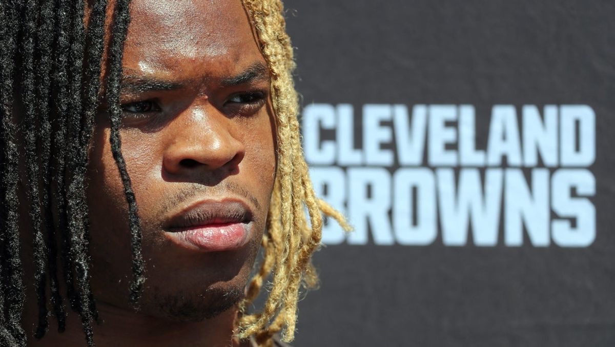 Browns running back Quinshon Judkins takes questions from reporters during rookie minicamp, Friday, May 9, 2025, in Berea.