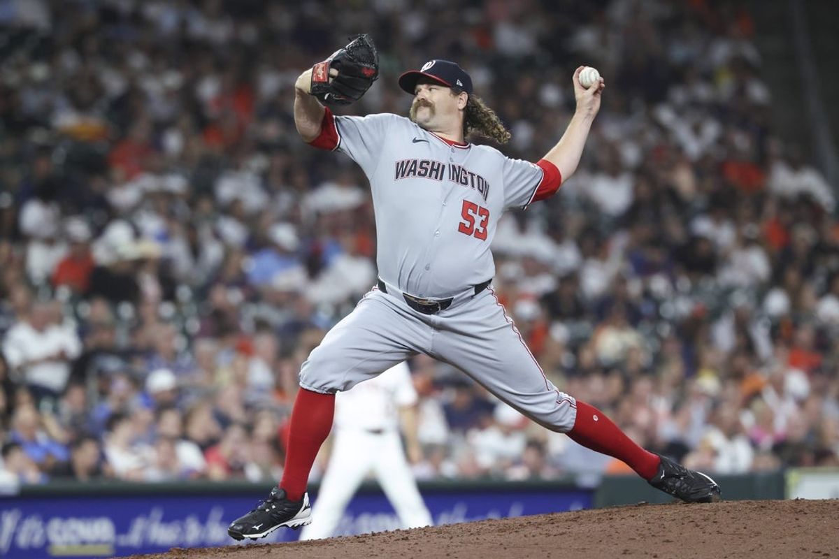 Jul 29, 2025; Houston, Texas, USA; Washington Nationals relief pitcher Andrew Chafin (53) delivers a pitch during the fifth inning against the Houston Astros at Daikin Park. Mandatory Credit: Troy Taormina-Imagn Images