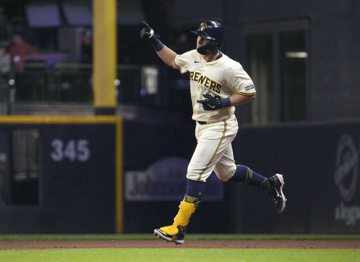 Jul 29, 2025; Milwaukee, Wisconsin, USA; Milwaukee Brewers first baseman Andrew Vaughn (28) rounds the bases after hitting a home run against the Chicago Cubs in the sixth inning at American Family Field. Mandatory Credit: Michael McLoone-Imagn Images
