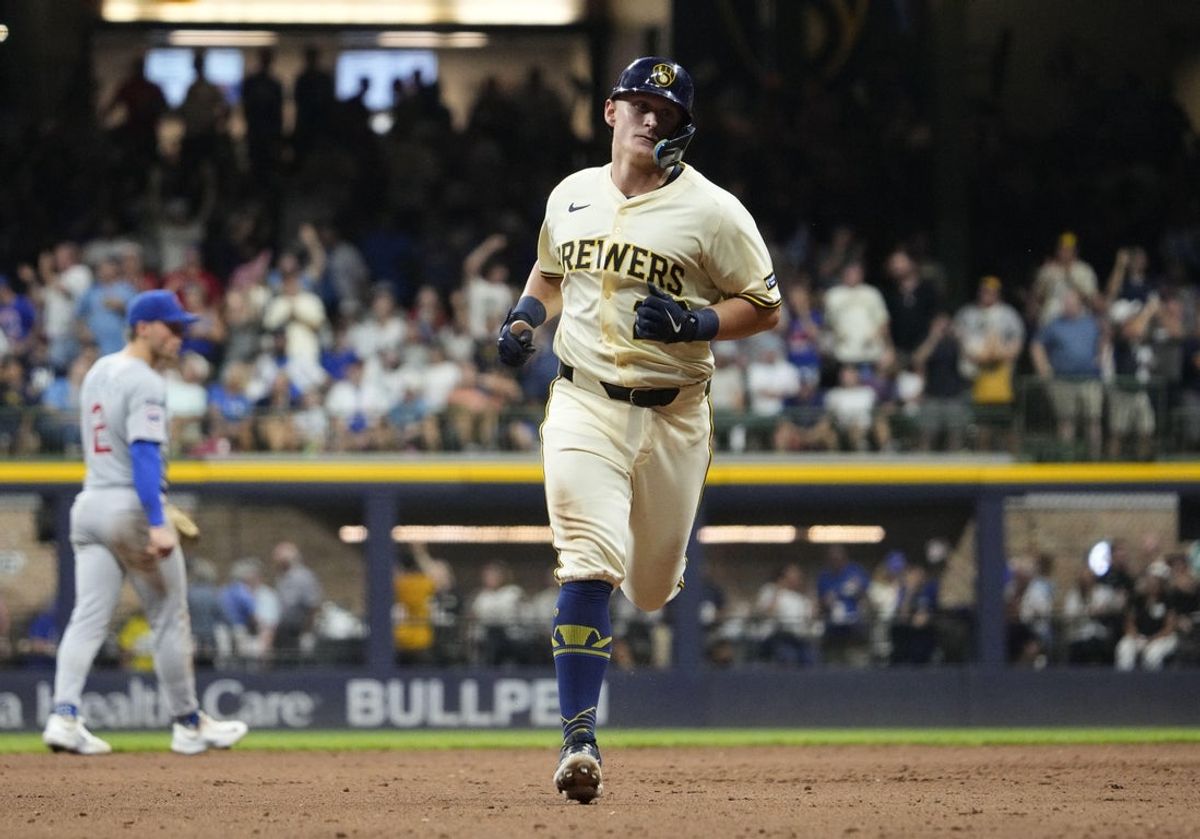 Jul 29, 2025; Milwaukee, Wisconsin, USA; Milwaukee Brewers first baseman Andrew Vaughn (28) rounds the bases after hitting a home run against the Chicago Cubs in the sixth inning at American Family Field. Mandatory Credit: Michael McLoone-Imagn Images