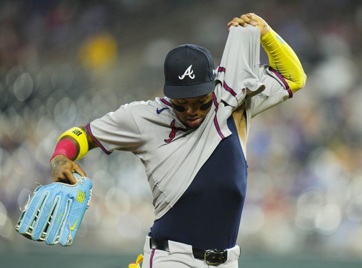 Jul 29, 2025; Kansas City, Missouri, USA; Atlanta Braves right fielder Ronald Acuna Jr. (13) leaves the game during the sixth inning against the Kansas City Royals at Kauffman Stadium. Mandatory Credit: Jay Biggerstaff-Imagn Images