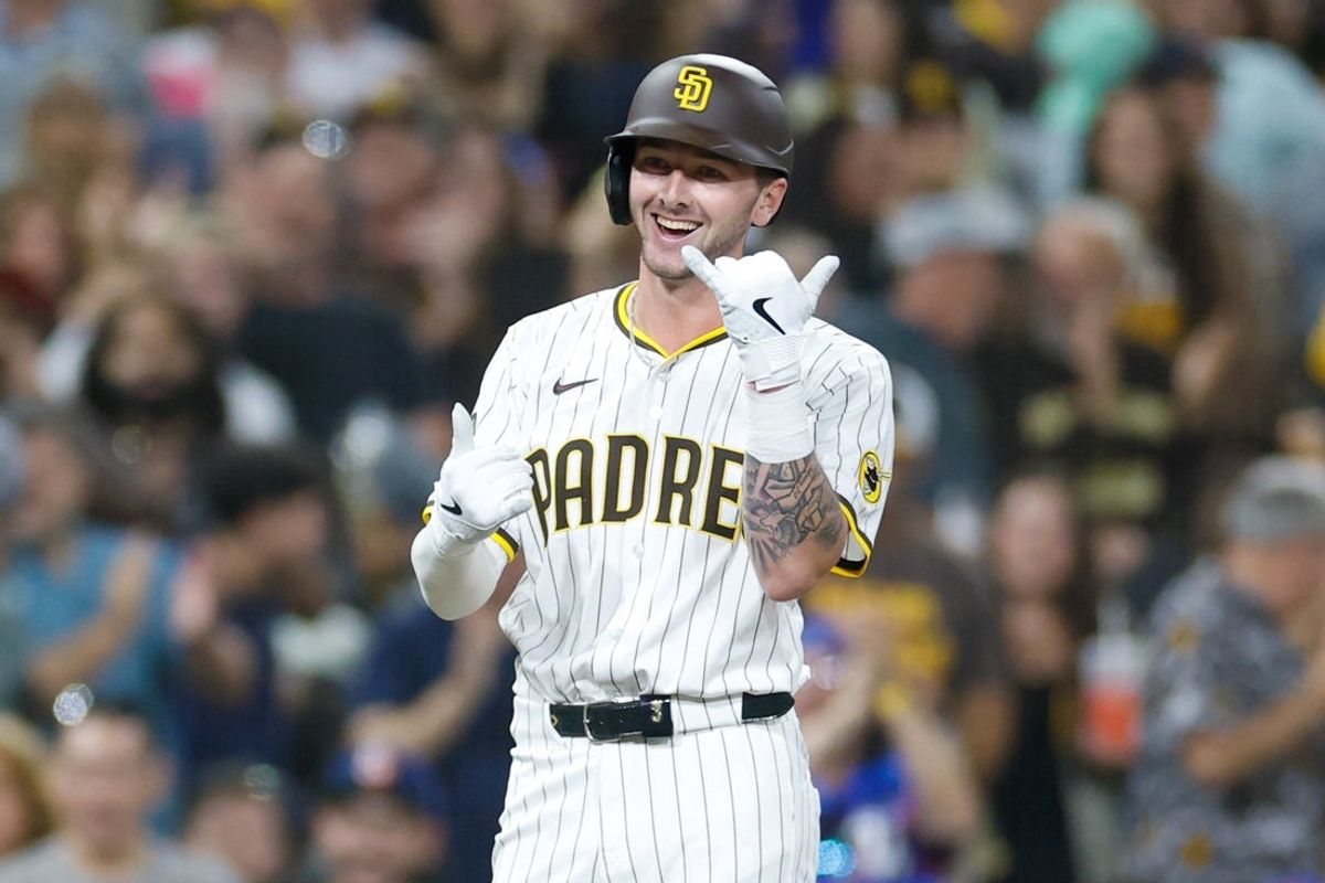 Jul 29, 2025; San Diego, California, USA;  San Diego Padres center fielder Jackson Merrill (3) celebrates after hitting an RBI triple during the sixth inning against the New York Mets at Petco Park. Mandatory Credit: David Frerker-Imagn Images