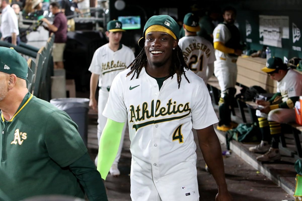 Jul 29, 2025; West Sacramento, California, USA; Athletics center fielder Lawrence Butler (4) heads back toward the clubhouse after defeating the Seattle Mariners 6-1 at Sutter Health Park. Mandatory Credit: Dennis Lee-Imagn Images