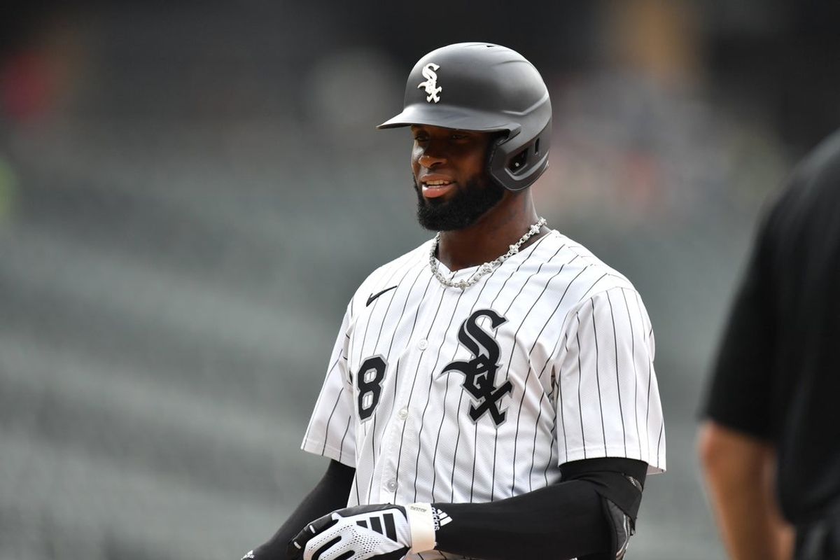 Jul 30, 2025; Chicago, Illinois, USA; Chicago White Sox center fielder Luis Robert Jr. (88) smiles after hitting a single during the second inning against the Philadelphia Phillies at Rate Field. Mandatory Credit: Patrick Gorski-Imagn Images