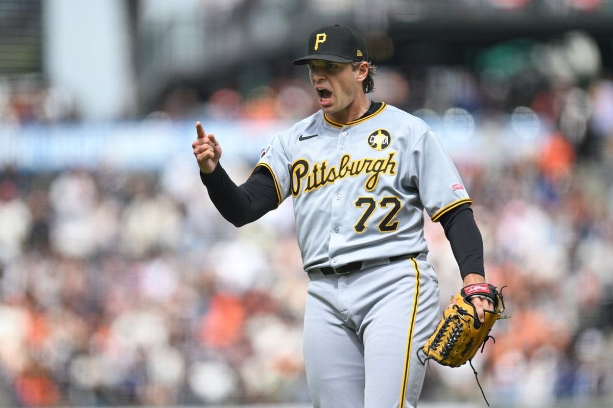 Jul 30, 2025; San Francisco, California, USA; Pittsburgh Pirates pitcher Isaac Mattson (72) celebrates their win over the San Francisco Giants at Oracle Park. Mandatory Credit: Eakin Howard-Imagn Images