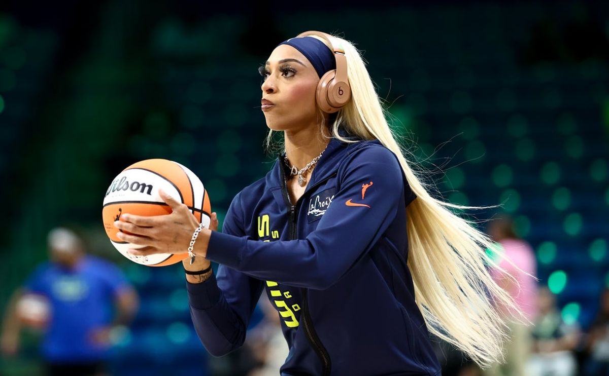 Jul 30, 2025; Arlington, Texas, USA; Dallas Wings guard DiJonai Carrington (21) warms up before the game against the Atlanta Dream at College Park Center. Mandatory Credit: Kevin Jairaj-Imagn Images