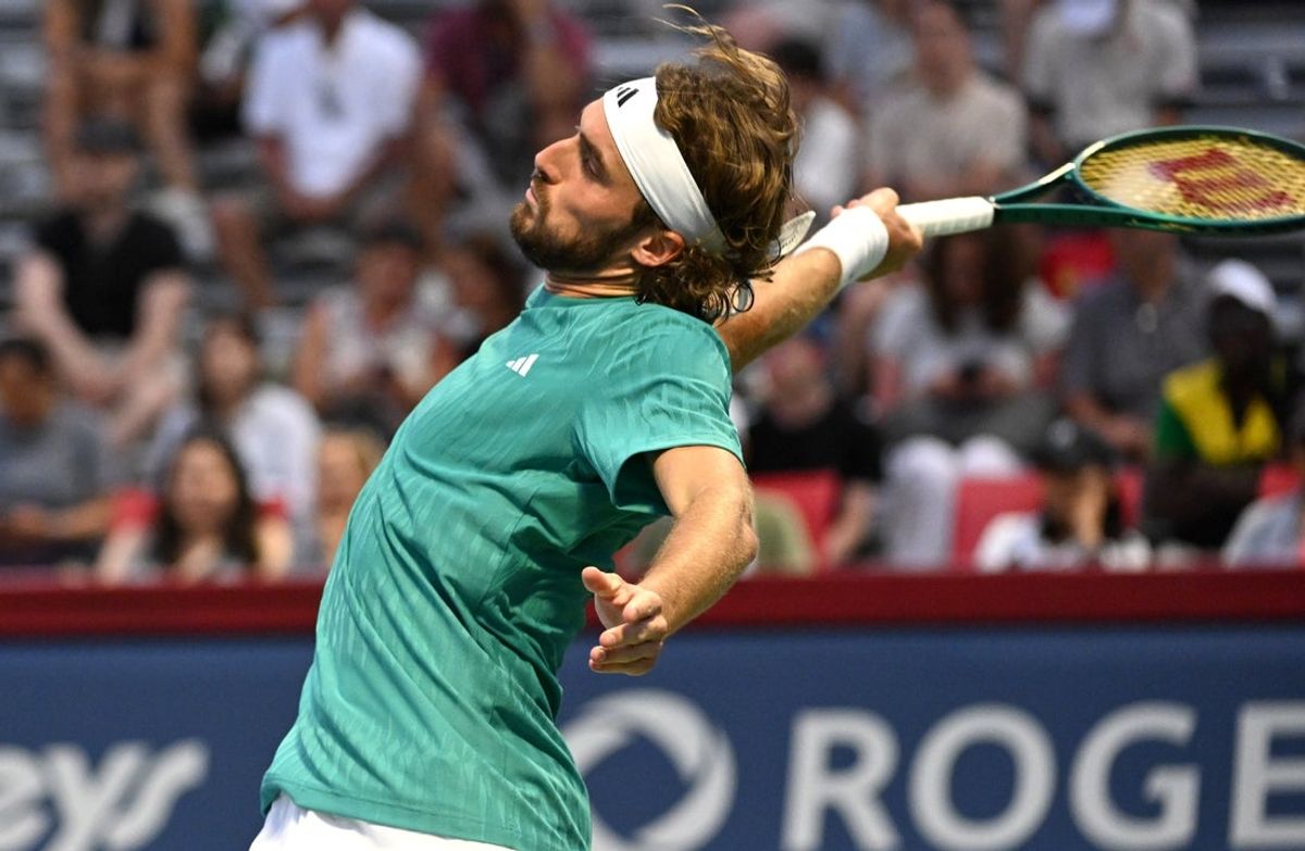Jul 30, 2025; Toronto, ON, Canada;  Stefanos Tsitsipas (GRE) reacts after losing a point against Christopher O'Connell (AUS) during second round play at Sobeys Stadium. Mandatory Credit: Dan Hamilton-Imagn Images