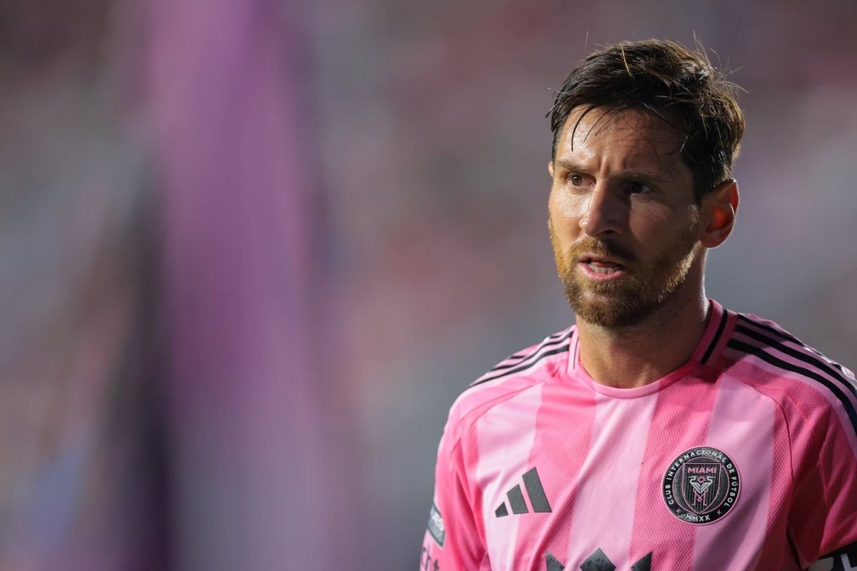 Jul 30, 2025; Ft. Lauderdale, Florida, USA; Inter Miami CF forward Lionel Messi (10) looks on against Atlas FC during the second half of a group stage Leagues Cup match at Chase Stadium. Mandatory Credit: Sam Navarro-Imagn Images