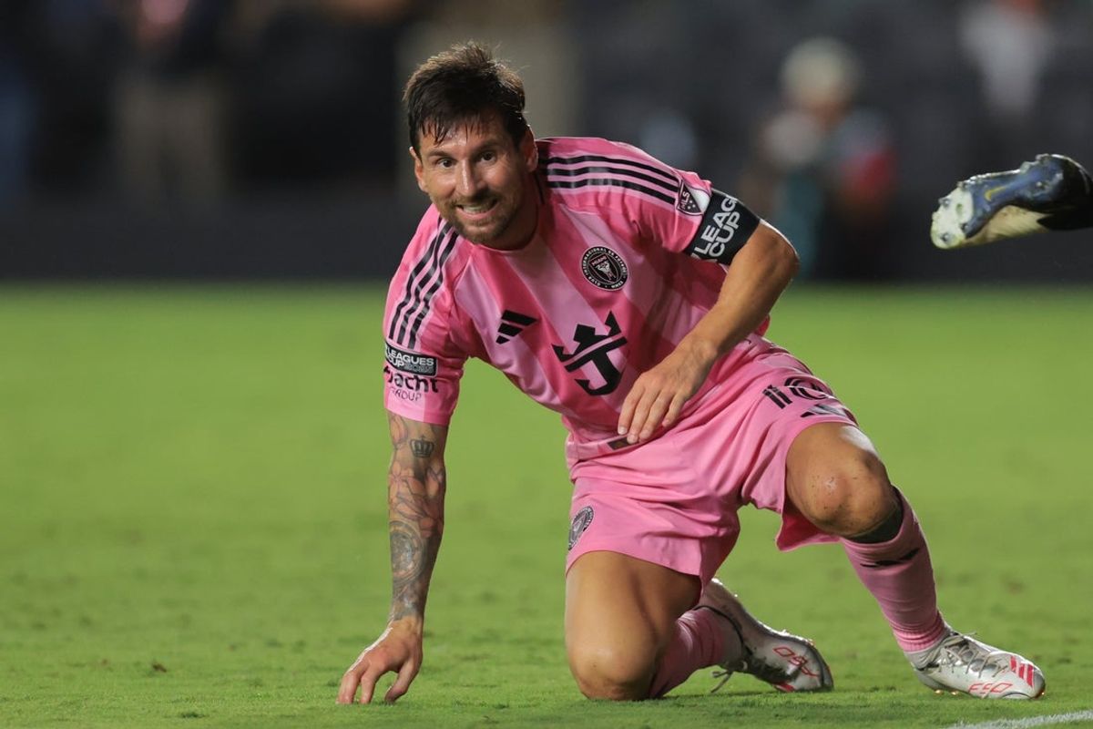 Jul 30, 2025; Ft. Lauderdale, Florida, USA; Inter Miami CF forward Lionel Messi (10) reacts against Atlas FC during the second half of a group stage Leagues Cup match at Chase Stadium. Mandatory Credit: Sam Navarro-Imagn Images