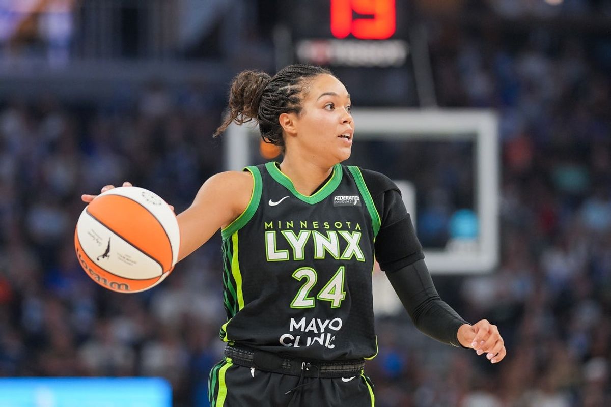 Jul 30, 2025; Minneapolis, Minnesota, USA; Minnesota Lynx forward Napheesa Collier (24) dribbles against the New York Liberty in the second quarter at Target Center. Mandatory Credit: Brad Rempel-Imagn Images
