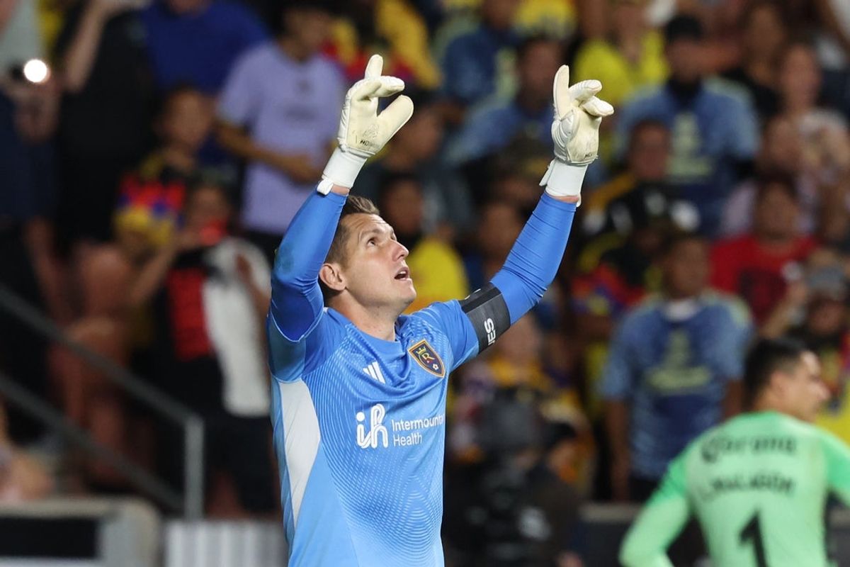 Jul 30, 2025; Sandy, Utah, USA; Real Salt Lake goalkeeper Rafael Cabral (1) reacts to blocking a shot to win the game against Club America during penalty kicks at America First Field. Mandatory Credit: Rob Gray-Imagn Images