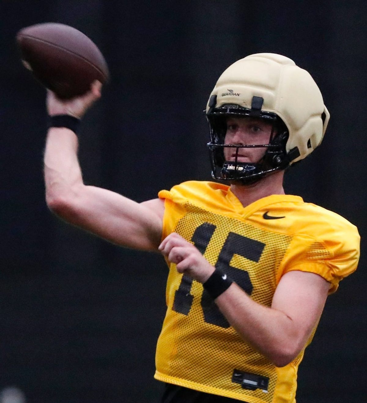 Purdue Boilermakers quarterback Ryan Browne (15) throws the ball Thursday, July 31, 2025, during football practice at the Kozuch Football Performance Complex in West Lafayette, Indiana.