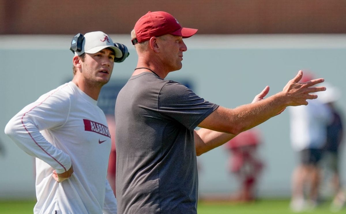 July 31, 2025; Tuscaloosa, AL, USA; Head coach Kalen Deboer gives directions during the second practice session of the preseason for the Alabama Crimson Tide.