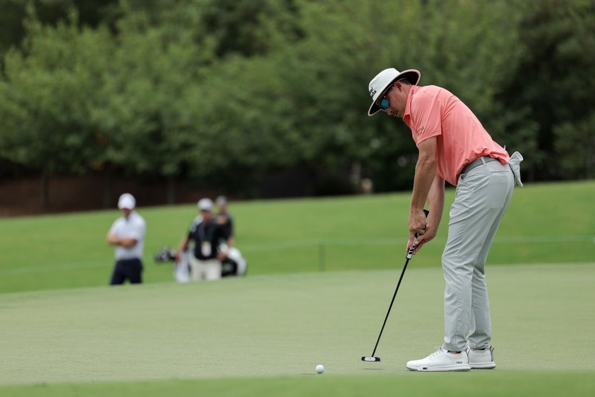 Jul 31, 2025; Greensboro, North Carolina, USA; Joel Dahmen putts on the 9th green during the first round of the Wyndham Championship golf tournament. Mandatory Credit: Allison Lawhon-Imagn Images
