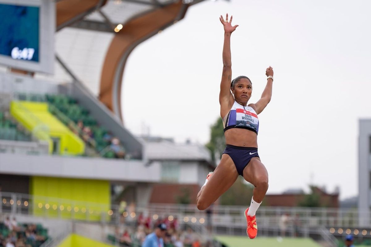 Tara Davis-Woodhall jumps in the women’s long jump during day one of the USATF Outdoor & Para National Championships at Hayward Field in Eugene on July 31, 2025.