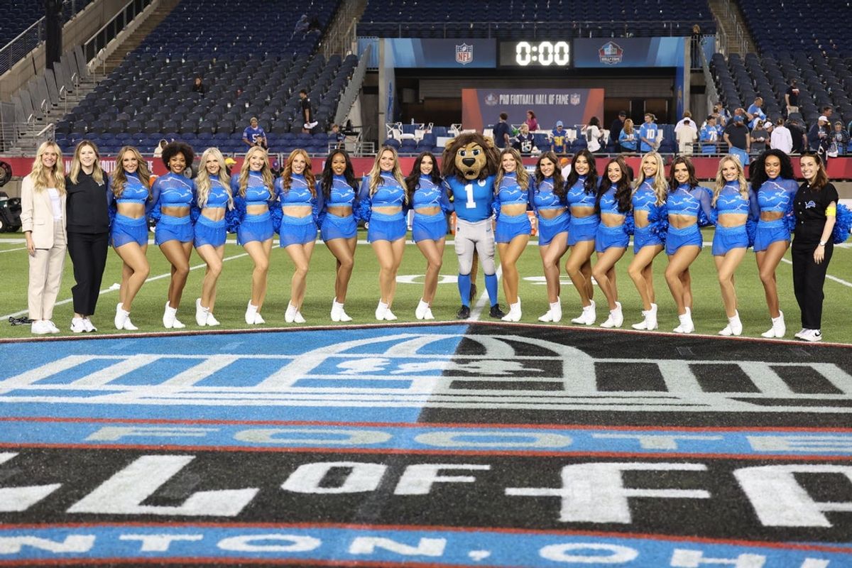 Jul 31, 2025; Canton, Ohio, USA; Detroit Lions cheerleaders pose on the field after the game against the Los Angeles Chargers at Tom Benson Hall of Fame Stadium. Mandatory Credit: Scott Galvin-Imagn Images