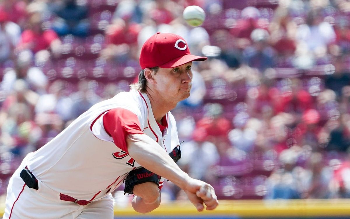 Cincinnati Reds pitcher Brady Singer (51) throws a pitch in the first inning of a MLB game between the Cincinnati Reds and Atlanta Braves, Aug. 1, 2025, at Great American Ball Park in Downtown Cincinnati.