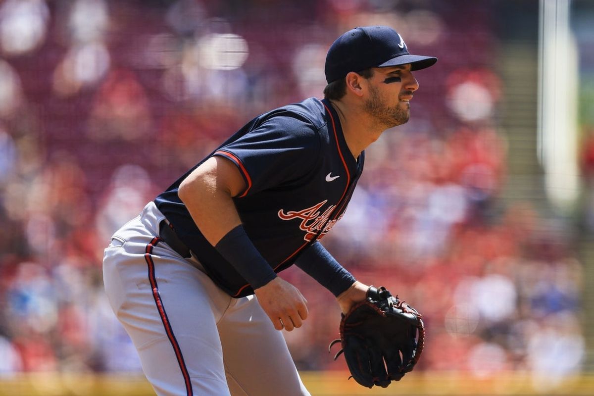 Aug 1, 2025; Cincinnati, Ohio, USA; Atlanta Braves third baseman Austin Riley (27) prepares for the pitch in the fourth inning against the Cincinnati Reds at Great American Ball Park. Mandatory Credit: Katie Stratman-Imagn Images