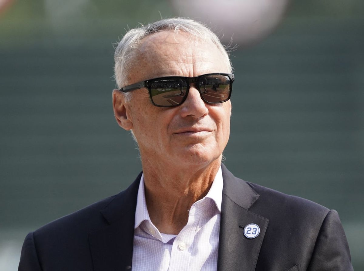 Aug 1, 2025; Chicago, IL, USA;  Baseball commissioner Rob Manfred announces Major League Baseball and the Chicago Cubs will host the 2027 All Star game at Wrigley Field. Mandatory Credit: David Banks-Imagn Images