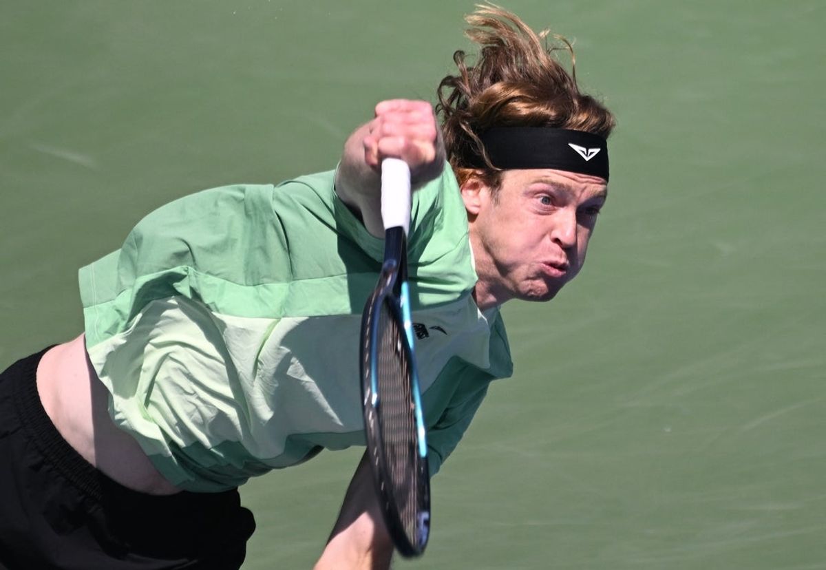 Aug 1, 2025; Toronto, ON, Canada;  Andrey Rublev serves  against Lorenzo Sonego (ITA) during third round play at Sobeys Stadium. Mandatory Credit: Dan Hamilton-Imagn Images