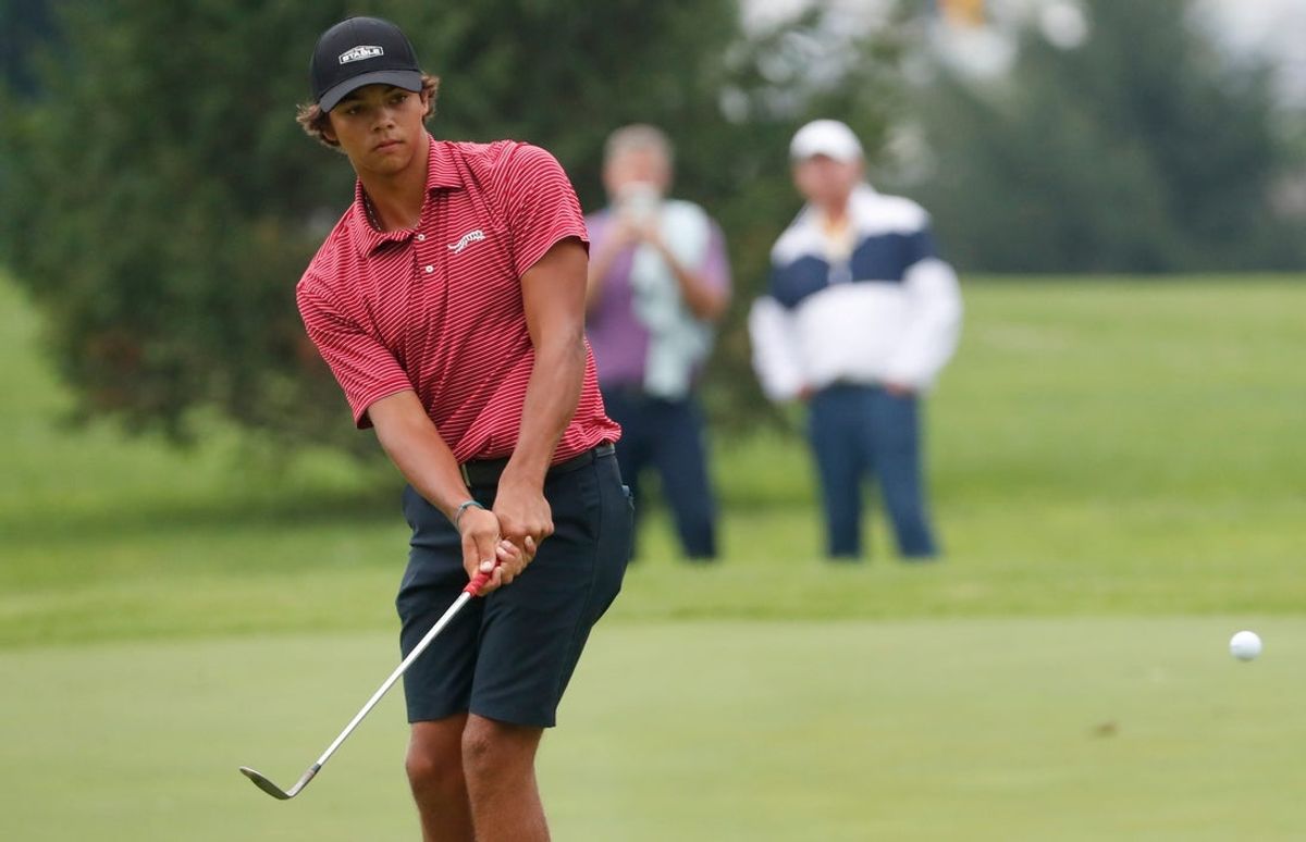 Charlie Woods hits the ball Thursday, July 31, 2025, during the Junior PGA Championship at the Purdue Birck Boilermaker Golf Complex in West Lafayette, Indiana.