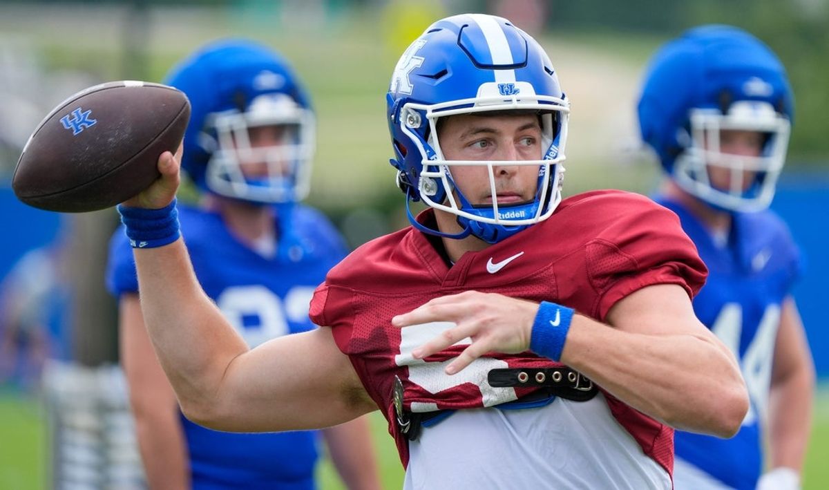 Kentucky Wildcat quarterback Zach Calzada throws during practice on Friday, August 1, 2025.