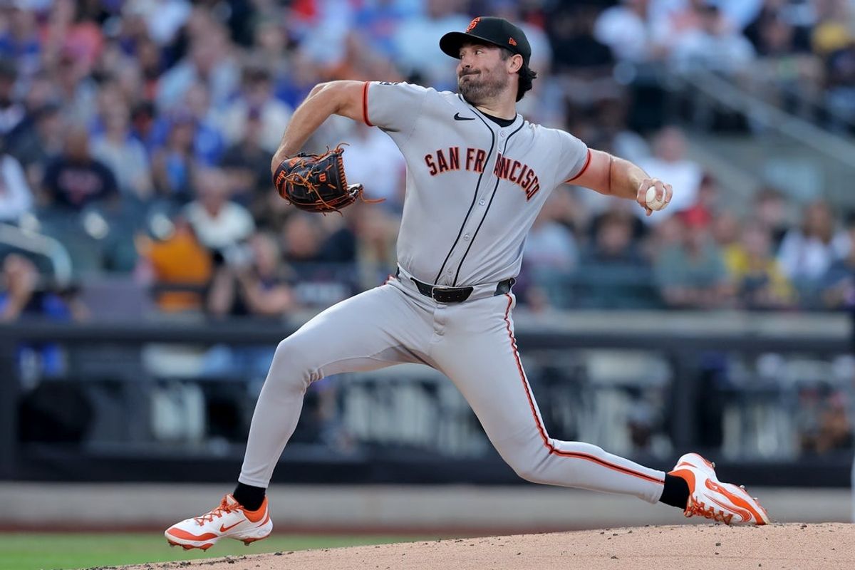 Aug 1, 2025; New York City, New York, USA; San Francisco Giants starting pitcher Robbie Ray (38) pitches against the New York Mets during the first inning at Citi Field. Mandatory Credit: Brad Penner-Imagn Images