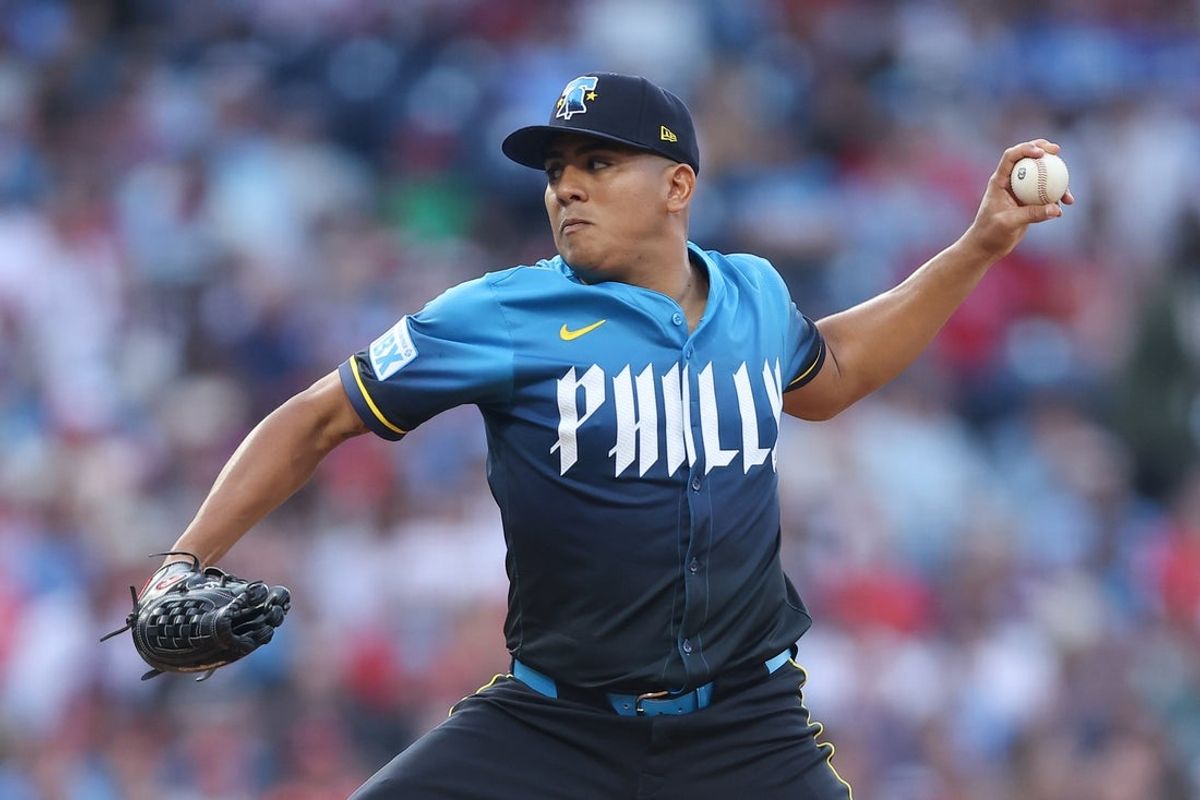 Aug 1, 2025; Philadelphia, Pennsylvania, USA; Philadelphia Phillies pitcher Ranger Suárez (55) throws a pitch against the Detroit Tigers during the first inning at Citizens Bank Park. Mandatory Credit: Bill Streicher-Imagn Images
