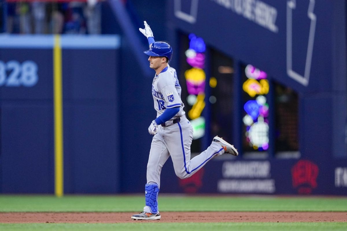 Aug 1, 2025; Toronto, Ontario, CAN; Kansas City Royals right fielder Mike Yastrzemski (18) points up to the sky after hitting a home run against the Toronto Blue Jays during the second inning at Rogers Centre. Mandatory Credit: Kevin Sousa-Imagn Images