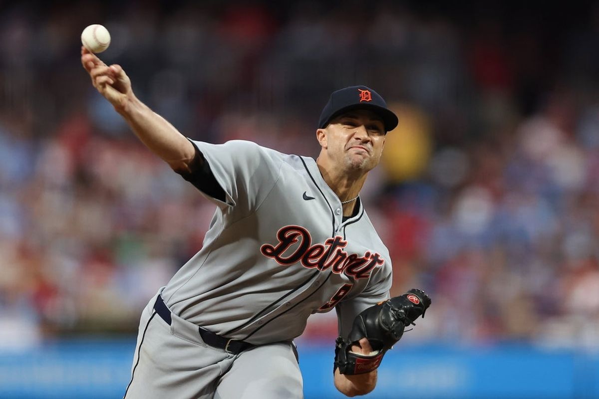 Aug 1, 2025; Philadelphia, Pennsylvania, USA; Detroit Tigers pitcher Jack Flaherty (9) throws a pitch during the fourth inning against the Philadelphia Phillies at Citizens Bank Park. Mandatory Credit: Bill Streicher-Imagn Images