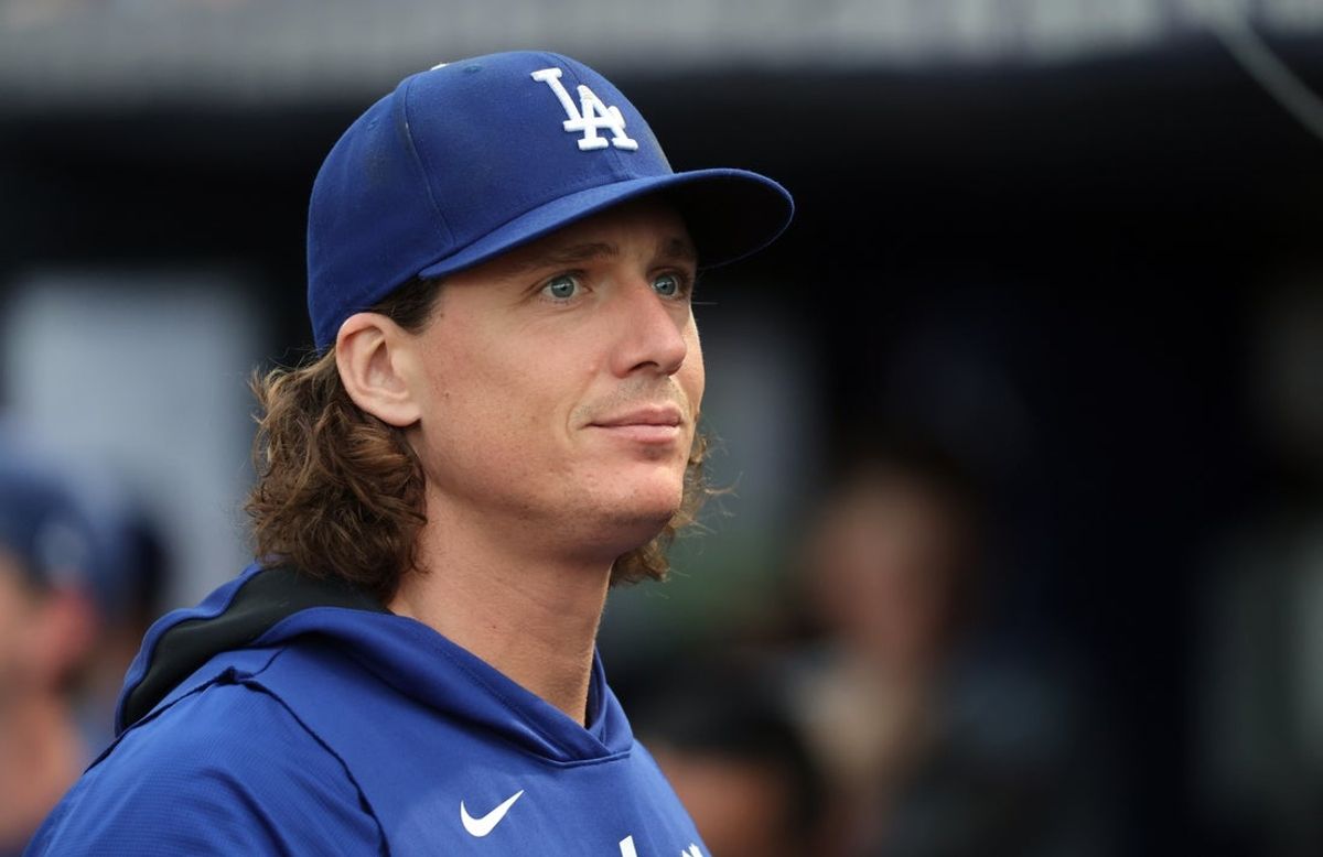 Aug 1, 2025; St. Petersburg, Florida, USA; Los Angeles Dodgers pitcher Tyler Glasnow (31) looks on from the dugout against the Tampa Bay Rays  at George M. Steinbrenner Field. Mandatory Credit: Kim Klement Neitzel-Imagn Images