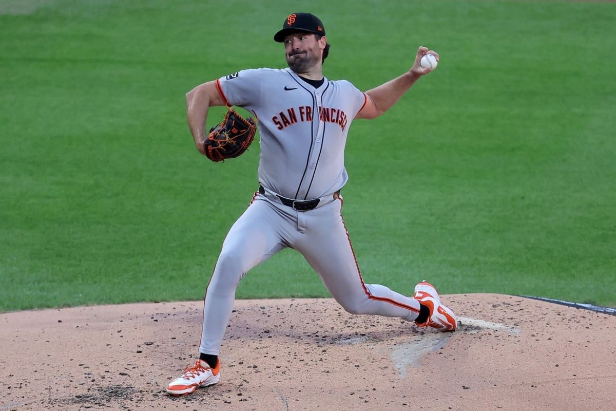 Aug 1, 2025; New York City, New York, USA; San Francisco Giants starting pitcher Robbie Ray (38) pitches against the New York Mets during the second inning at Citi Field. Mandatory Credit: Brad Penner-Imagn Images