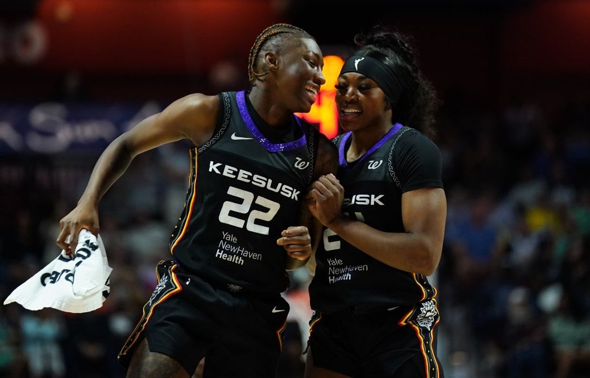 Aug 1, 2025; Uncasville, Connecticut, USA; Connecticut Sun guard Saniya Rivers (22) and forward Aneesah Morrow (24) react after a play against the New York Liberty in the second half at Mohegan Sun Arena. Mandatory Credit: David Butler II-Imagn Images