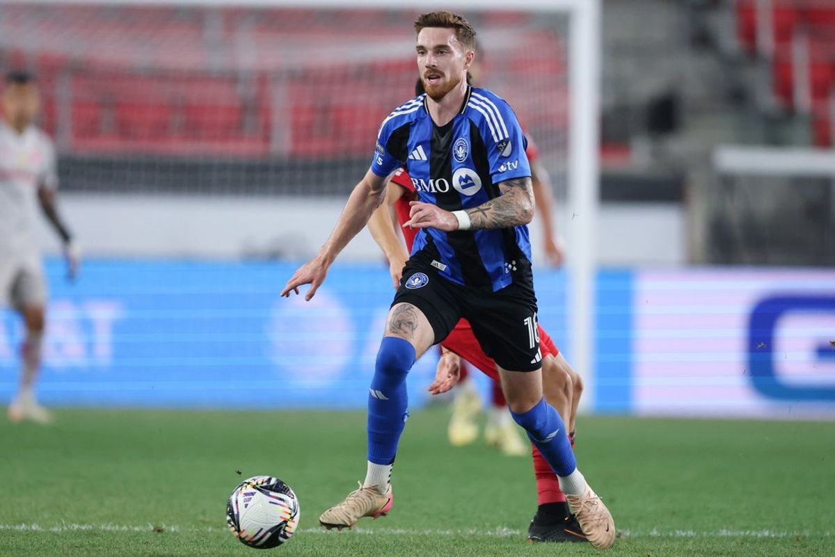 Aug 1, 2025; Harrison, New Jersey, USA; CF Montreal defender Joel Waterman (16) controls the ball during the first half against Toluca FC at Sports Illustrated Stadium. Mandatory Credit: Vincent Carchietta-Imagn Images