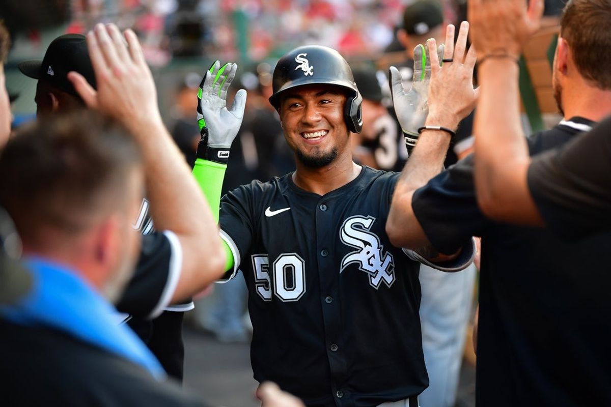 Aug 1, 2025; Anaheim, California, USA; Chicago White Sox second baseman Lenyn Sosa (50) is greeted after hitting a solo home run against the Los Angeles Angels during the second inning at Angel Stadium. Mandatory Credit: Gary A. Vasquez-Imagn Images